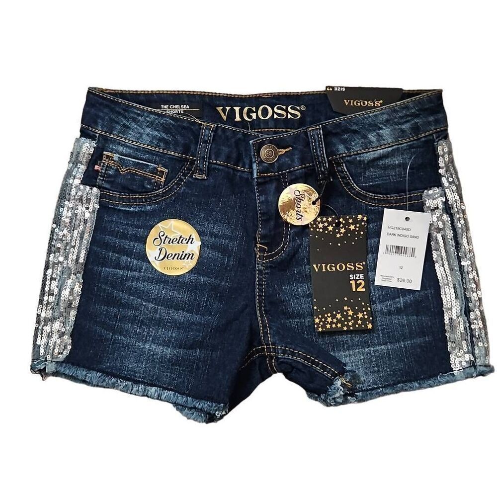 VIGOSS The Chelsea Stretch Denim Short Dark Indigo Sand with Sequins 12 (Girls)